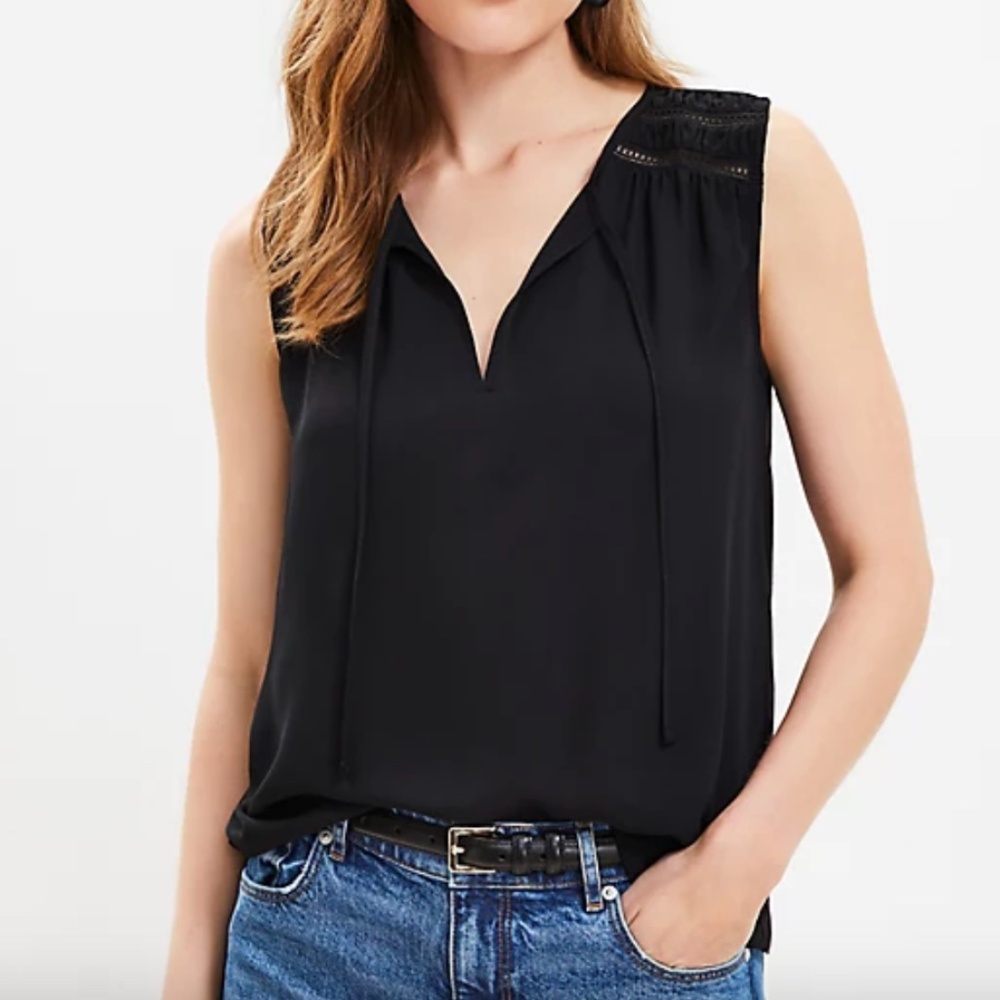 LOFT Cutout Tie Neck Mixed Media Shell - Color: Black, Size: Small